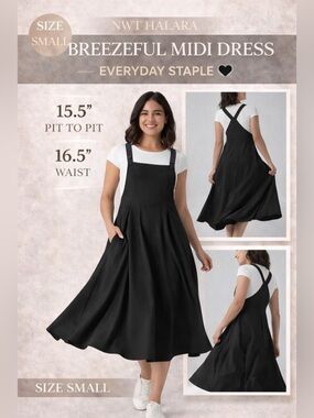 Halara Breezeful Midi Overall style Dress S Black Flowy Pocket A-Line Casual
